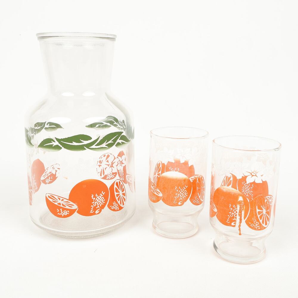 Lot of 3 Vintage Anchor Hocking Orange Juice Carafe 2 Tumblers Cute Mornings